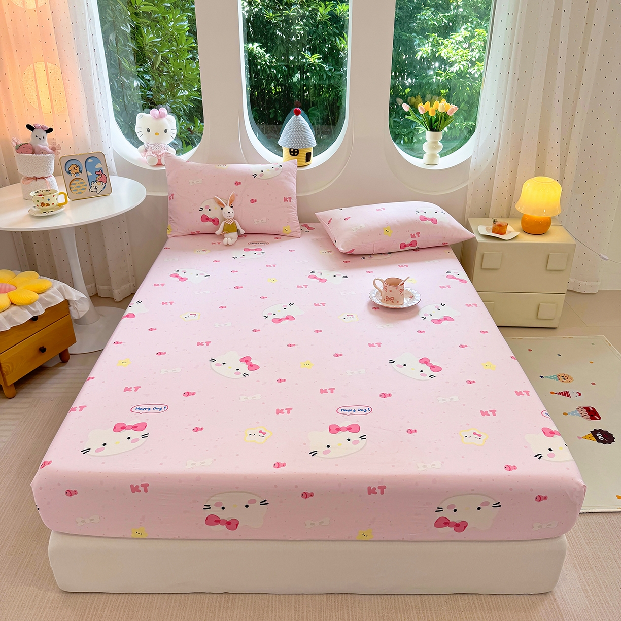 91家纺网 家纺一手货源 找家纺 木堇家居 2025新款小清新100%全棉纯棉单品床笠 床笠单件 甜心猫咪