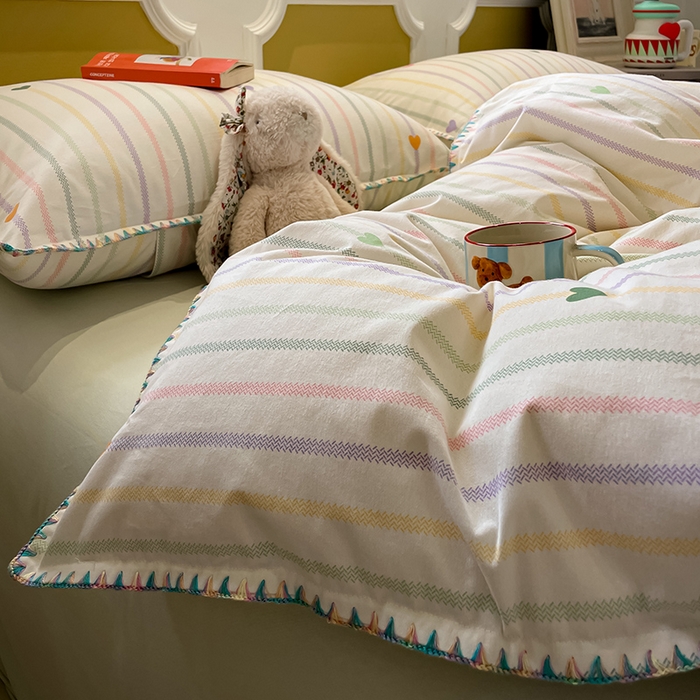 蓝邻家纺 2025新款全棉纯棉加厚磨毛多巴胺贝壳边四件套 弦音