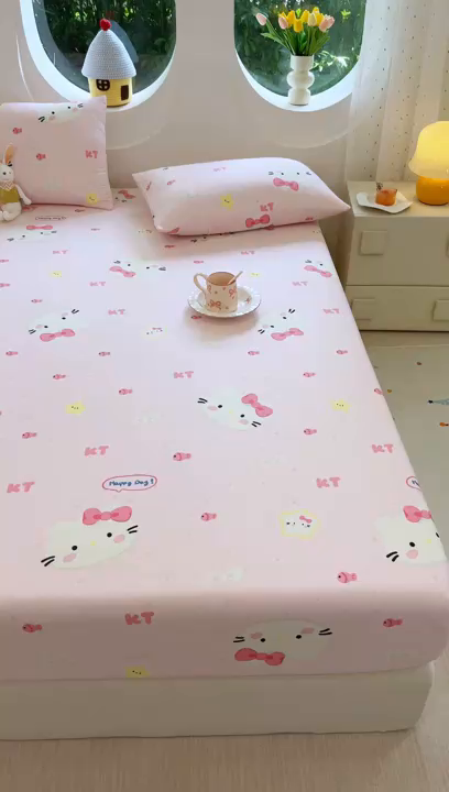 91家纺网 家纺一手货源 找家纺 木堇家居 2025新款小清新100%全棉纯棉单品床笠 床笠单件 甜心猫咪