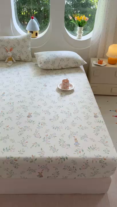 91家纺网 家纺一手货源 找家纺 木堇家居 2025新款小清新100%全棉纯棉单品床笠 床笠单件 精灵小兔