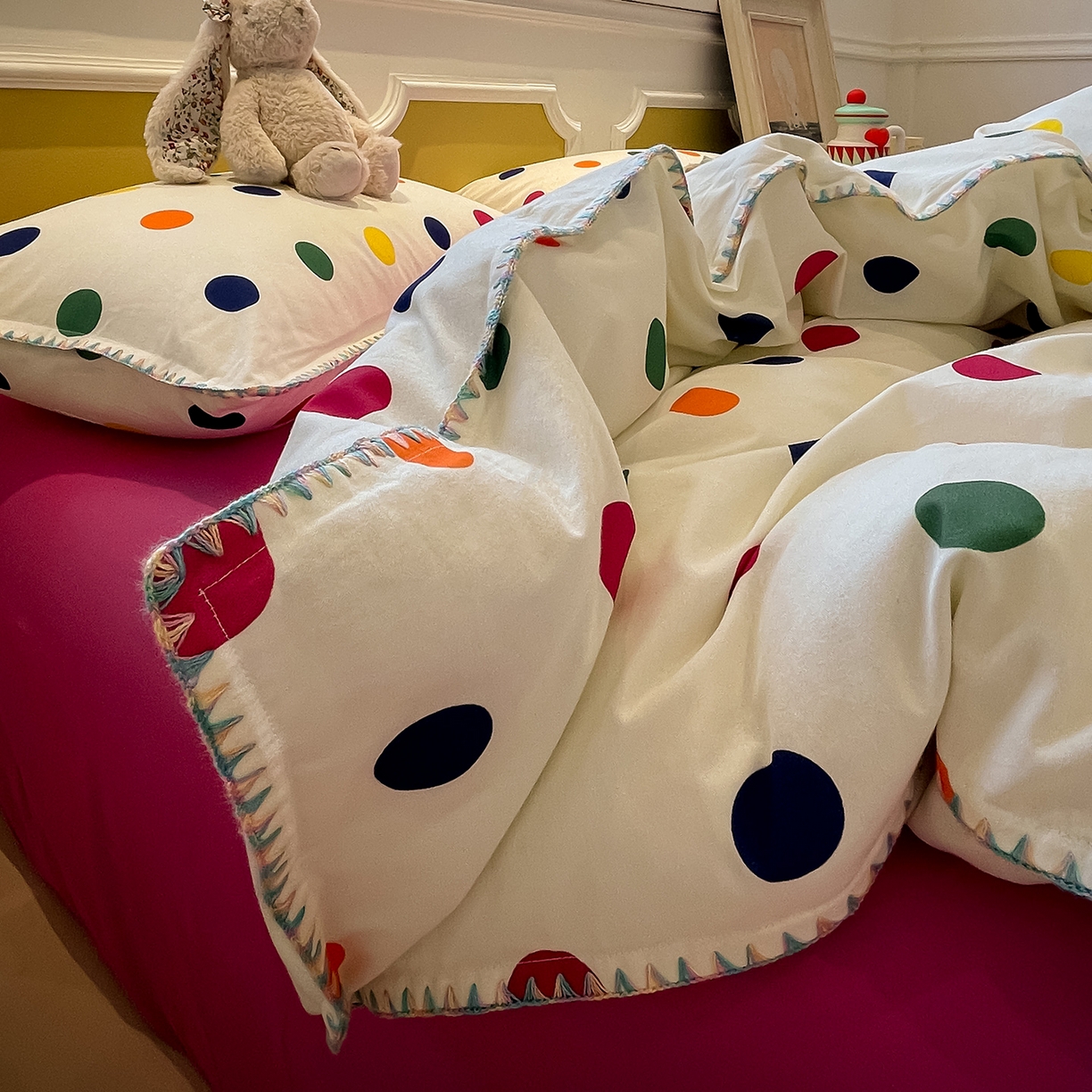 91家纺网 家纺一手货源 找家纺 蓝邻家纺 2025新款全棉纯棉加厚磨毛多巴胺贝壳边四件套 星然