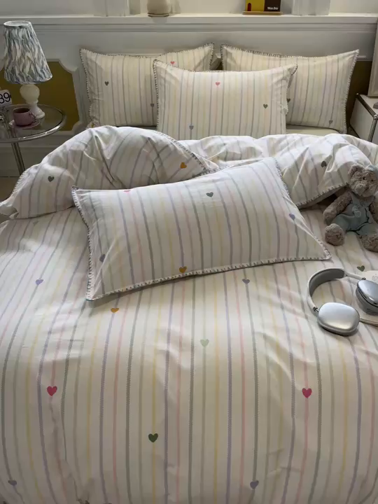 91家纺网 家纺一手货源 找家纺 蓝邻家纺 2025新款全棉纯棉加厚磨毛多巴胺贝壳边四件套 弦音