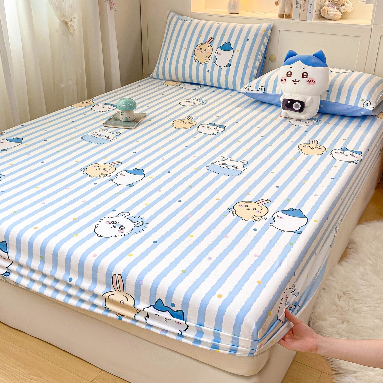 91家纺网 家纺一手货源 找家纺 博雅2025春夏新款吉伊卡哇大版全棉纯棉单品床笠床笠单件单床笠 点点条纹吉伊卡哇