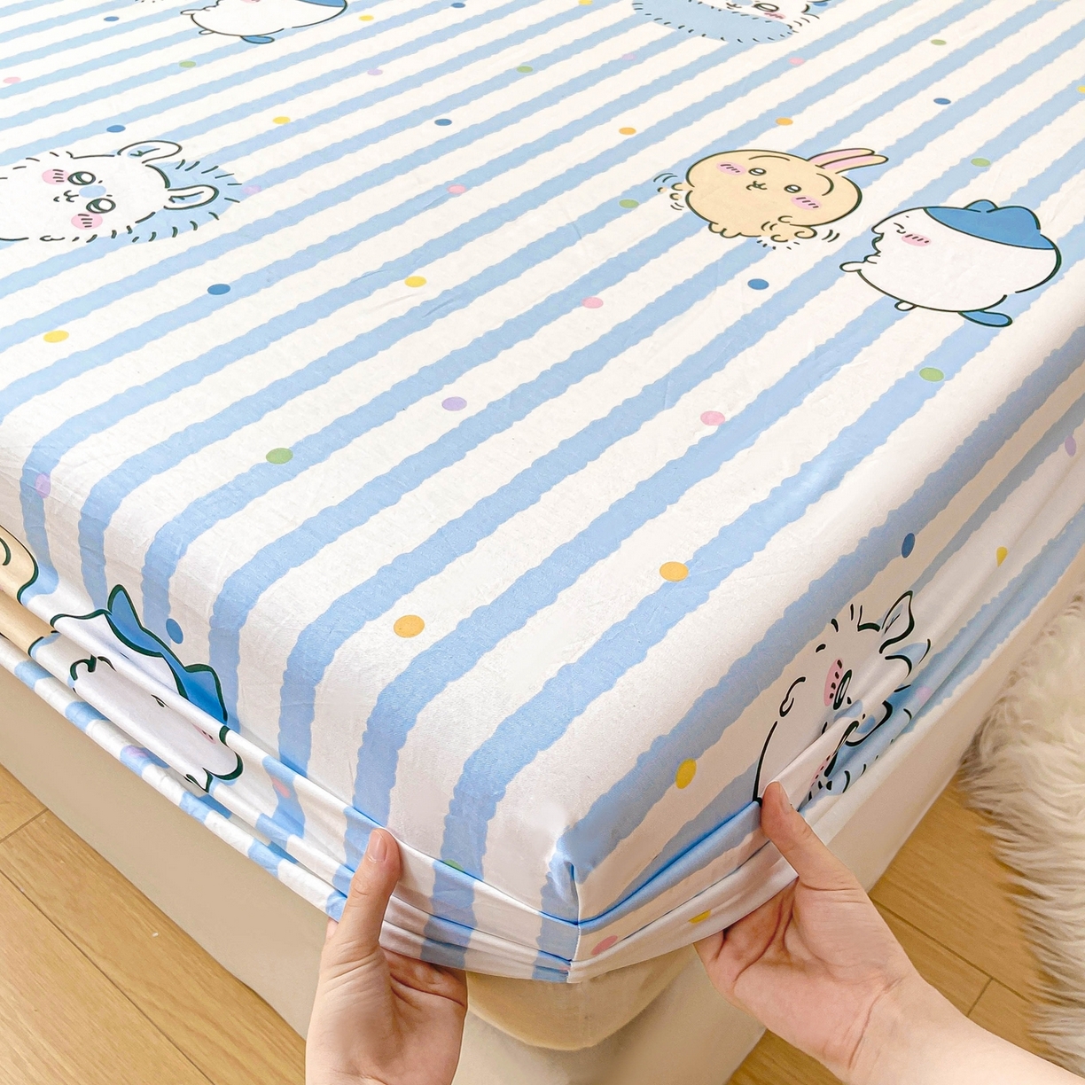 91家纺网 家纺一手货源 找家纺 博雅2025春夏新款吉伊卡哇大版全棉纯棉单品床笠床笠单件单床笠 点点条纹吉伊卡哇