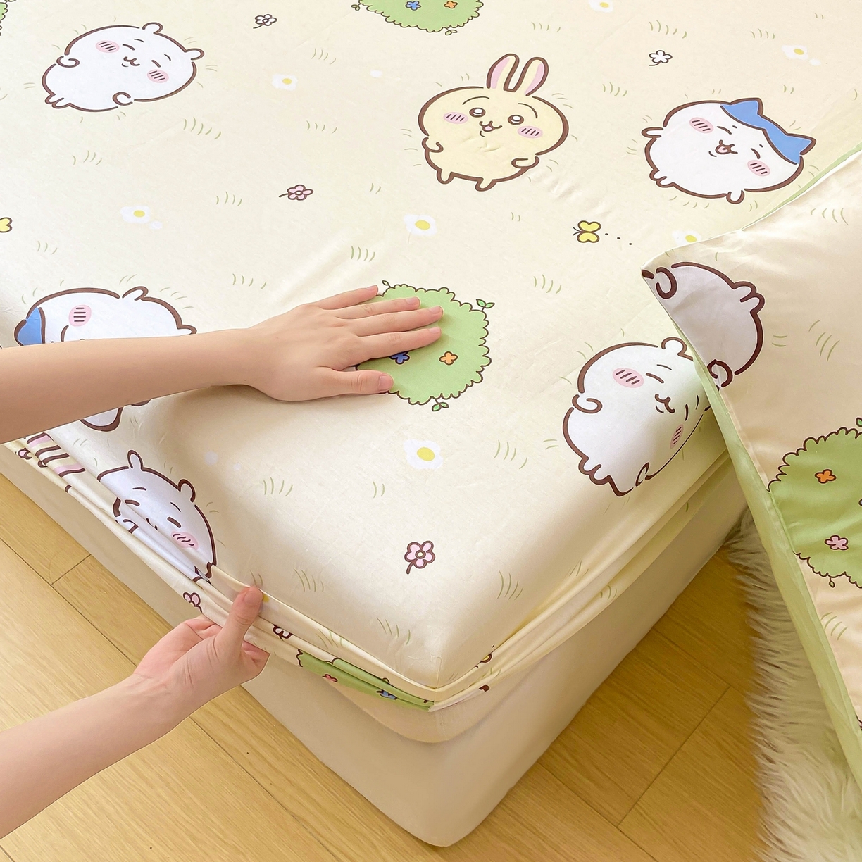 91家纺网 家纺一手货源 找家纺 博雅2025春夏新款吉伊卡哇大版全棉纯棉单品床笠床笠单件单床笠 开心吉伊卡哇