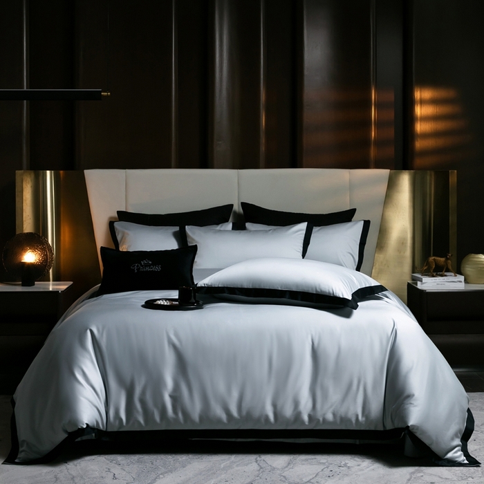 91家纺网 家纺一手货源 找家纺 佳汐蓝家纺 2025新款亲肤舒适100支长绒棉小拼角四件套-轻奢 轻奢-雪涧蓝