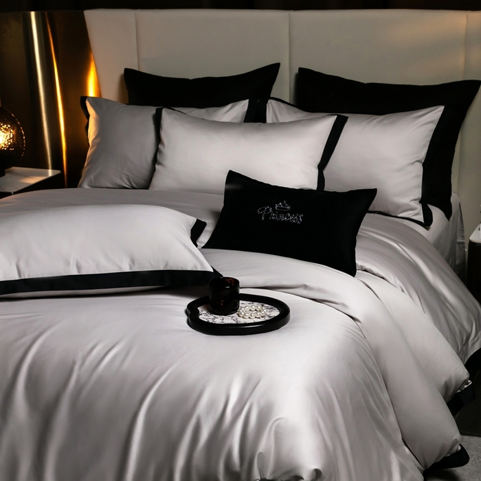 91家纺网 家纺一手货源 找家纺 佳汐蓝家纺 2025新款亲肤舒适100支长绒棉小拼角四件套-轻奢 轻奢-雾焦灰