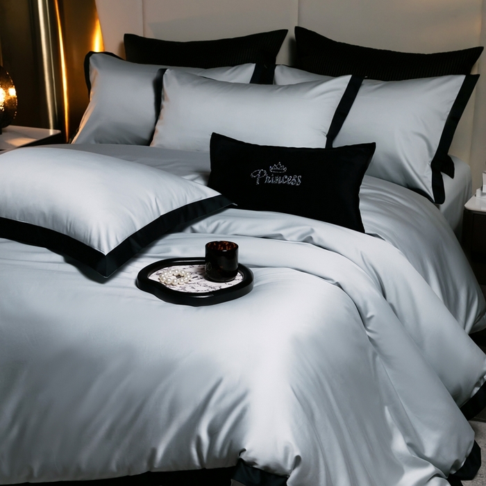 91家纺网 家纺一手货源 找家纺 佳汐蓝家纺 2025新款亲肤舒适100支长绒棉小拼角四件套-轻奢 轻奢-雪涧蓝