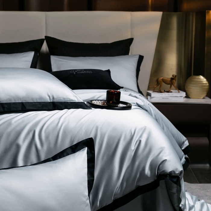 91家纺网 家纺一手货源 找家纺 佳汐蓝家纺 2025新款亲肤舒适100支长绒棉小拼角四件套-轻奢 轻奢-雪涧蓝