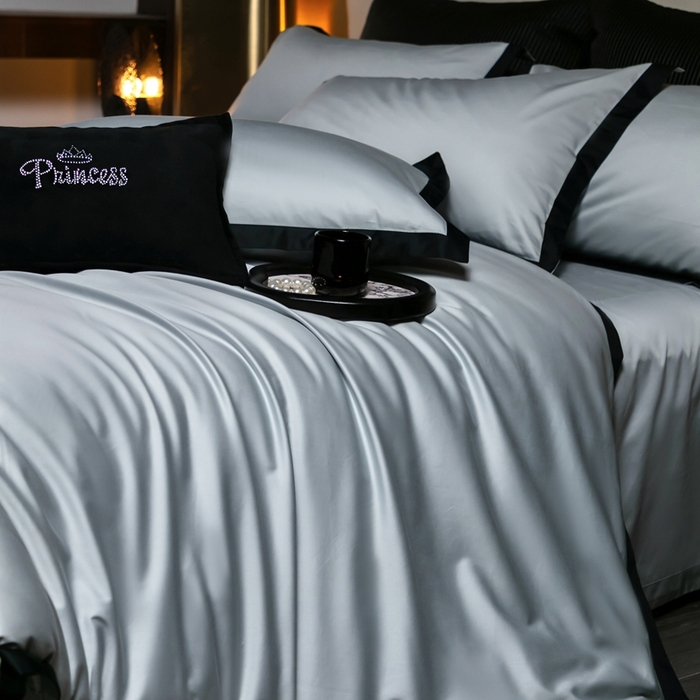 佳汐蓝家纺 2025新款亲肤舒适100支长绒棉小拼角四件套-轻奢 轻奢-雪涧蓝