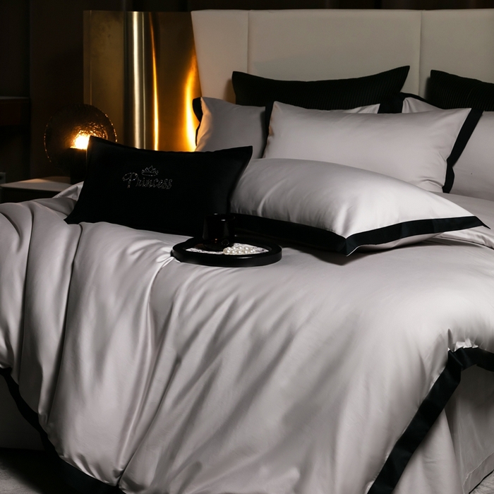 91家纺网 家纺一手货源 找家纺 佳汐蓝家纺 2025新款亲肤舒适100支长绒棉小拼角四件套-轻奢 轻奢-雾焦灰