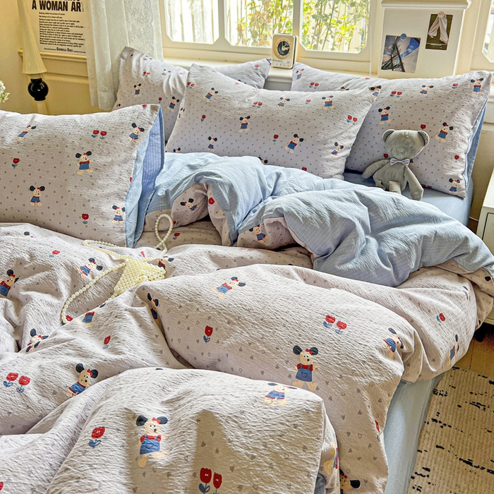 91家纺网 家纺一手货源 找家纺 典曼家纺 2025新款云感皱皱双层纱四件套-简单款 小萌狗兰