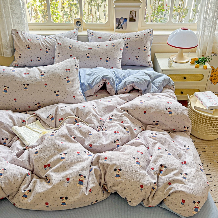 91家纺网 家纺一手货源 找家纺 典曼家纺 2025新款云感皱皱双层纱四件套-简单款 小萌狗兰