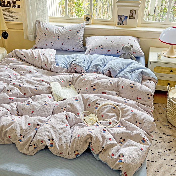 91家纺网 家纺一手货源 找家纺 典曼家纺 2025新款云感皱皱双层纱四件套-简单款 小萌狗兰