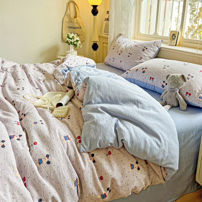 91家纺网 家纺一手货源 找家纺 典曼家纺 2025新款云感皱皱双层纱四件套-简单款 小萌狗兰