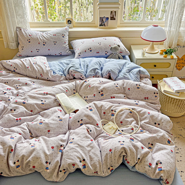 91家纺网 家纺一手货源 找家纺 典曼家纺 2025新款云感皱皱双层纱四件套-简单款 小萌狗兰