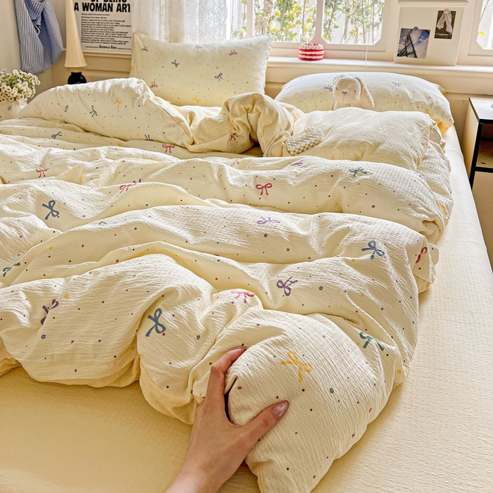 典曼家纺 2025新款云感皱皱双层纱四件套-简单款 蝴蝶结点点