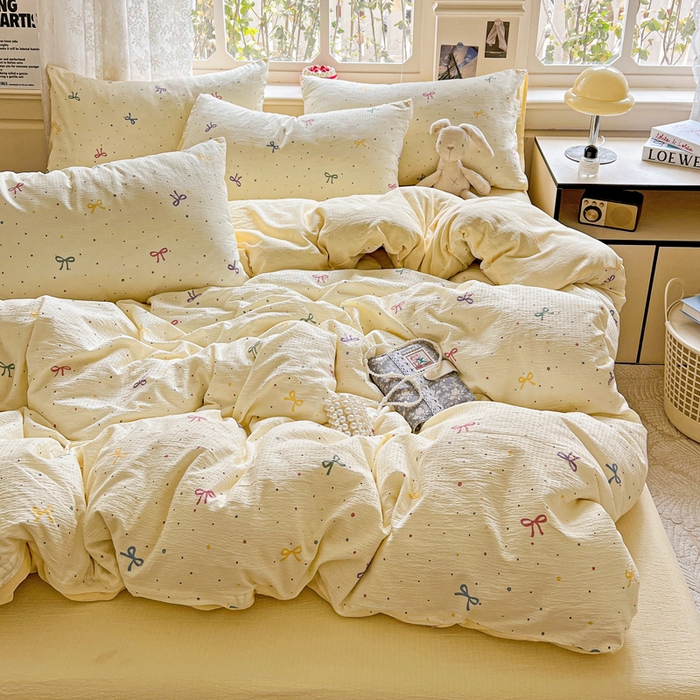 91家纺网 家纺一手货源 找家纺 典曼家纺 2025新款云感皱皱双层纱四件套-简单款 蝴蝶结点点