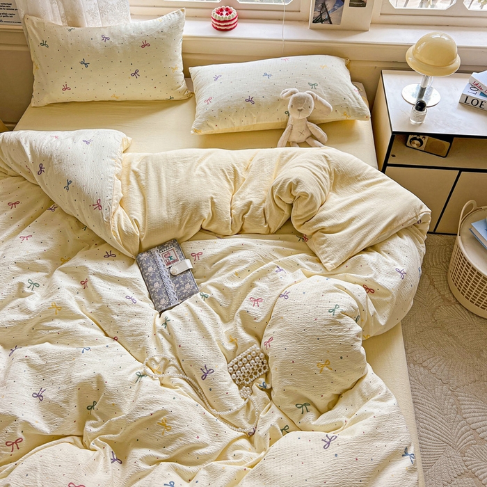 91家纺网 家纺一手货源 找家纺 典曼家纺 2025新款云感皱皱双层纱四件套-简单款 蝴蝶结点点