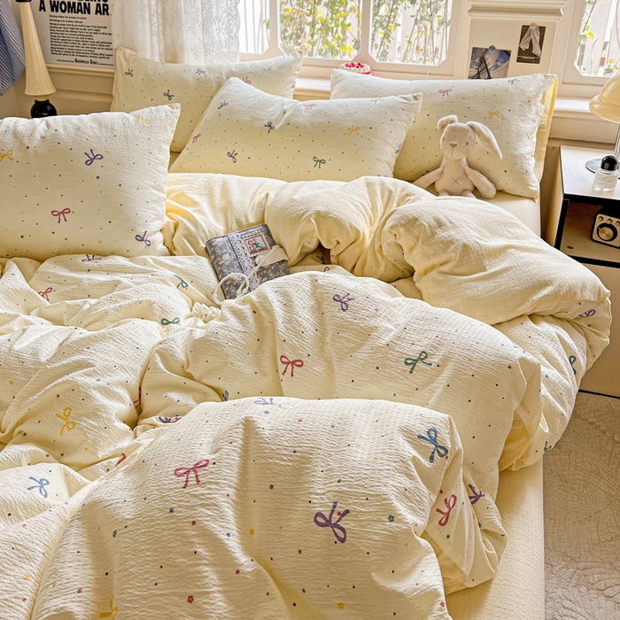 91家纺网 家纺一手货源 找家纺 典曼家纺 2025新款云感皱皱双层纱四件套-简单款 蝴蝶结点点