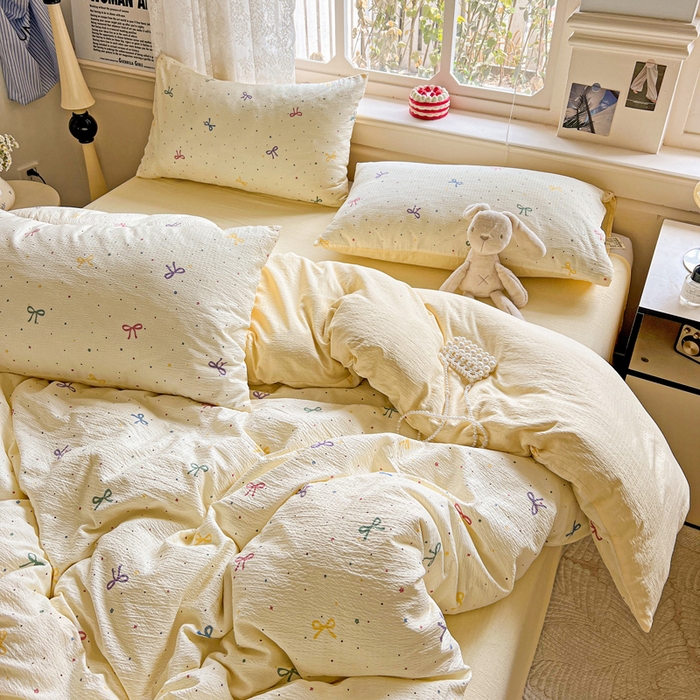 91家纺网 家纺一手货源 找家纺 典曼家纺 2025新款云感皱皱双层纱四件套-简单款 蝴蝶结点点