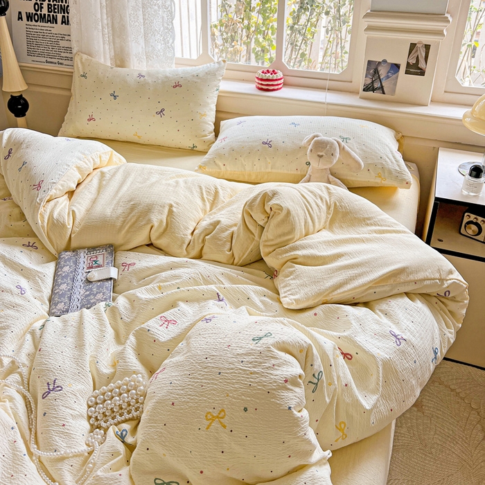 91家纺网 家纺一手货源 找家纺 典曼家纺 2025新款云感皱皱双层纱四件套-简单款 蝴蝶结点点