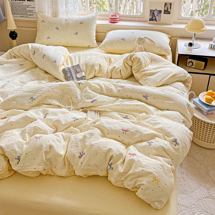 91家纺网 家纺一手货源 找家纺 典曼家纺 2025新款云感皱皱双层纱四件套-简单款 蝴蝶结点点