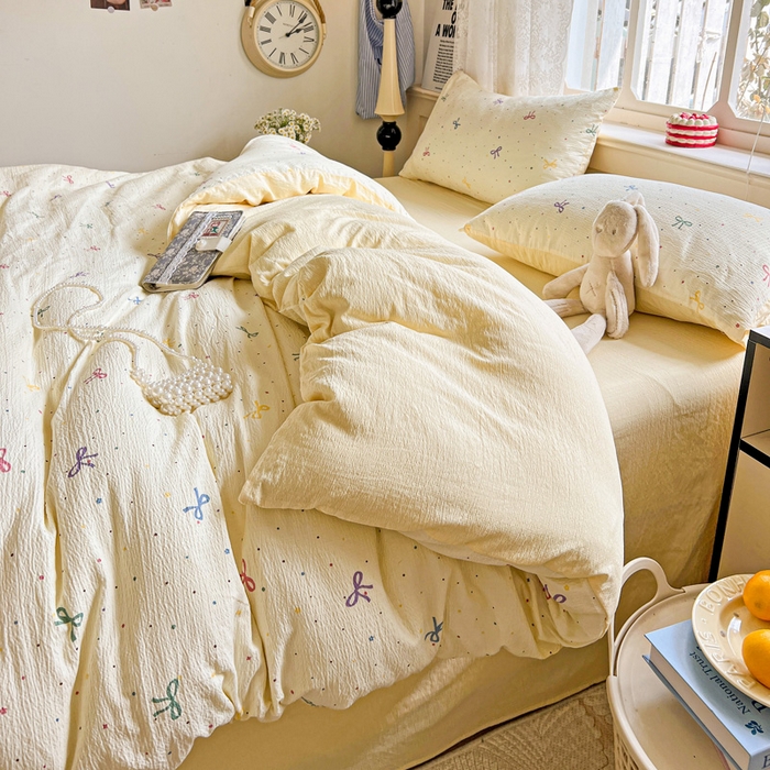 91家纺网 家纺一手货源 找家纺 典曼家纺 2025新款云感皱皱双层纱四件套-简单款 蝴蝶结点点