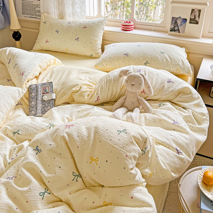 91家纺网 家纺一手货源 找家纺 典曼家纺 2025新款云感皱皱双层纱四件套-简单款 蝴蝶结点点