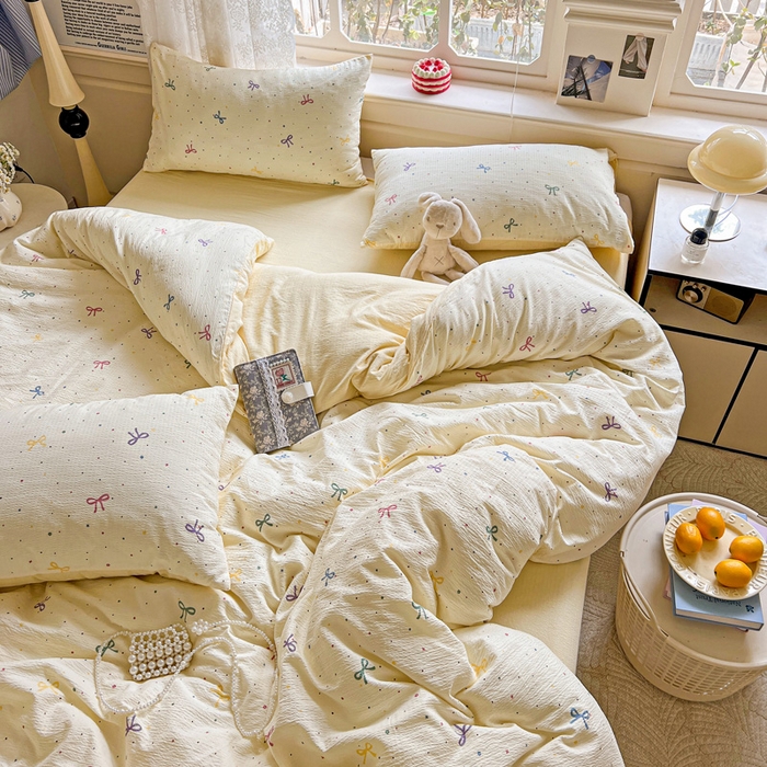 91家纺网 家纺一手货源 找家纺 典曼家纺 2025新款云感皱皱双层纱四件套-简单款 蝴蝶结点点