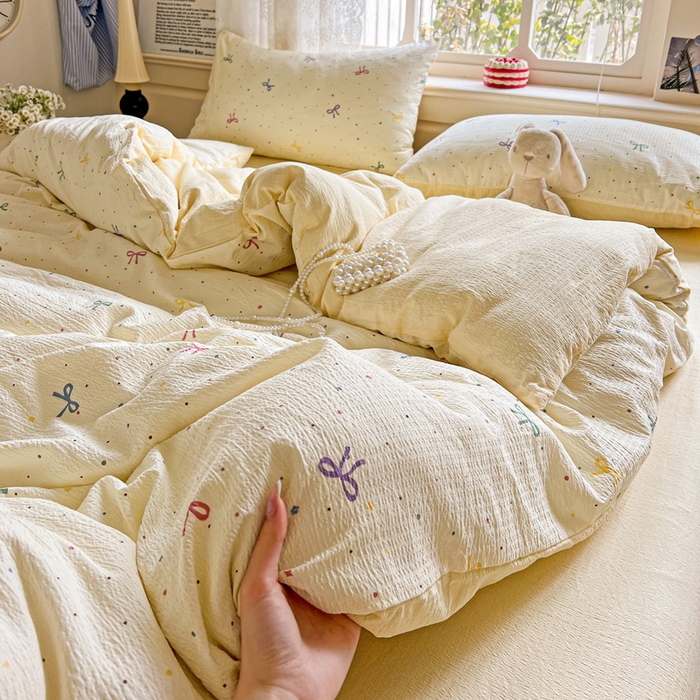 91家纺网 家纺一手货源 找家纺 典曼家纺 2025新款云感皱皱双层纱四件套-简单款 蝴蝶结点点