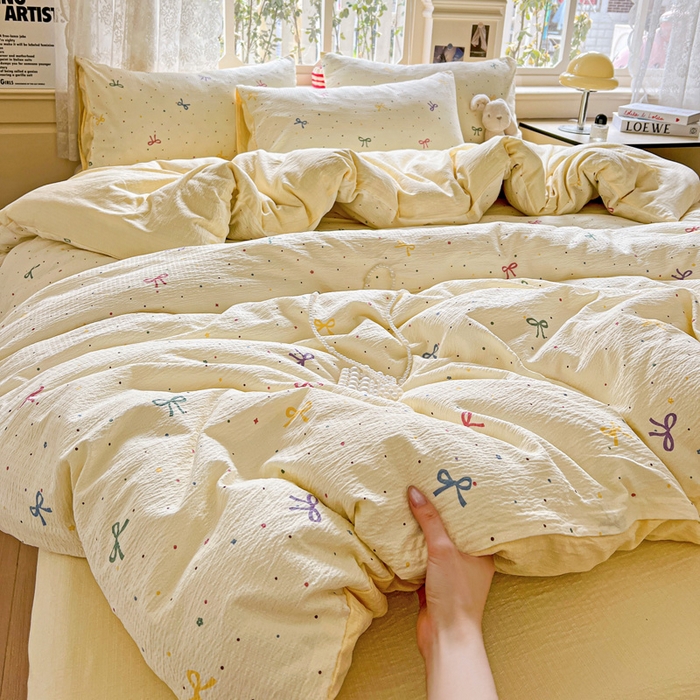 91家纺网 家纺一手货源 找家纺 典曼家纺 2025新款云感皱皱双层纱四件套-简单款 蝴蝶结点点