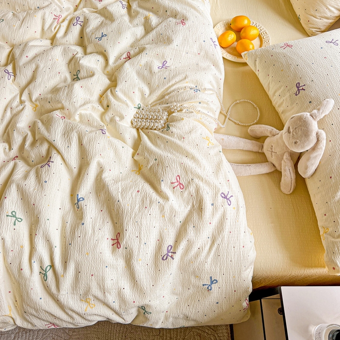 91家纺网 家纺一手货源 找家纺 典曼家纺 2025新款云感皱皱双层纱四件套-简单款 蝴蝶结点点