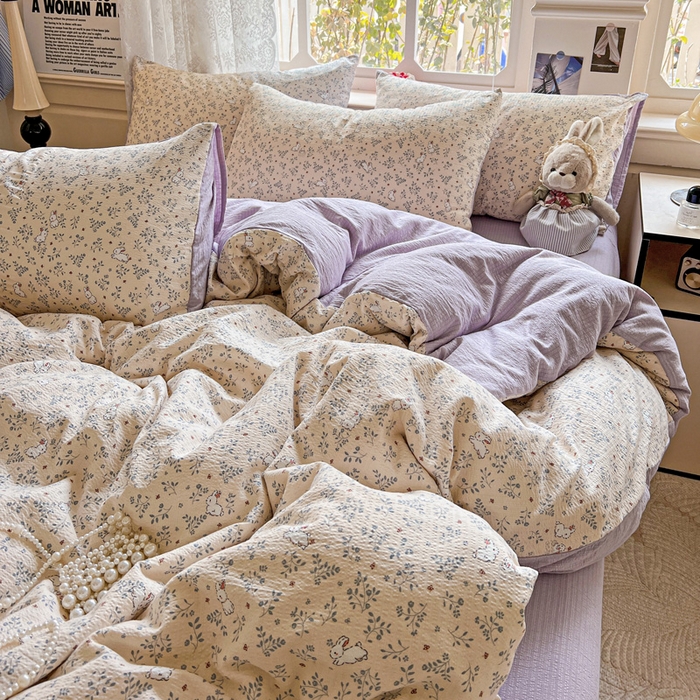 91家纺网 家纺一手货源 找家纺 典曼家纺 2025新款云感皱皱双层纱四件套-简单款 花园兔