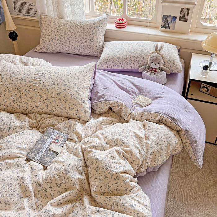 91家纺网 家纺一手货源 找家纺 典曼家纺 2025新款云感皱皱双层纱四件套-简单款 花园兔