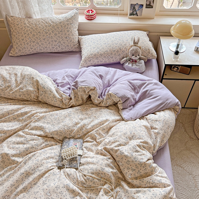 91家纺网 家纺一手货源 找家纺 典曼家纺 2025新款云感皱皱双层纱四件套-简单款 花园兔