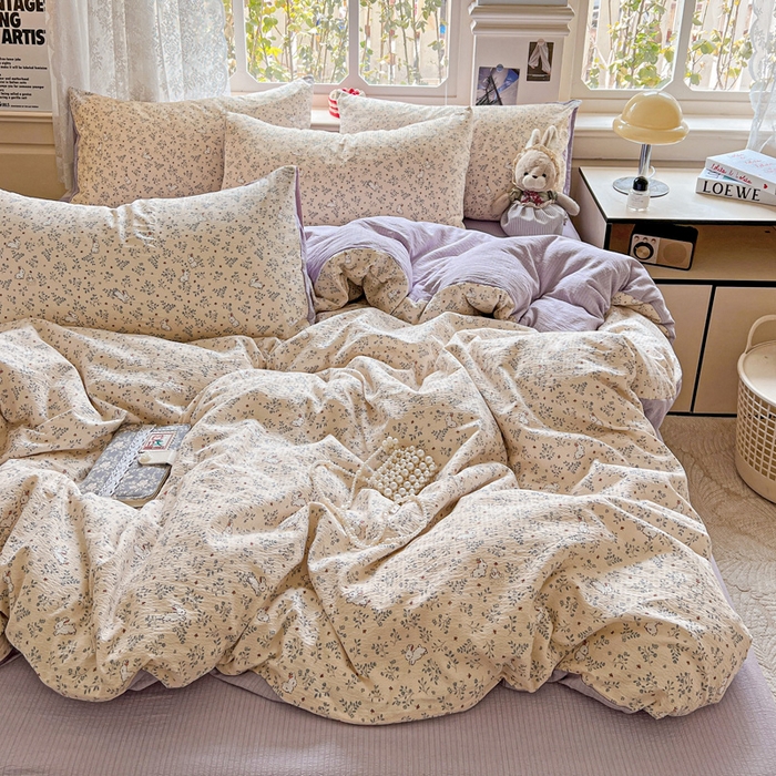 91家纺网 家纺一手货源 找家纺 典曼家纺 2025新款云感皱皱双层纱四件套-简单款 花园兔