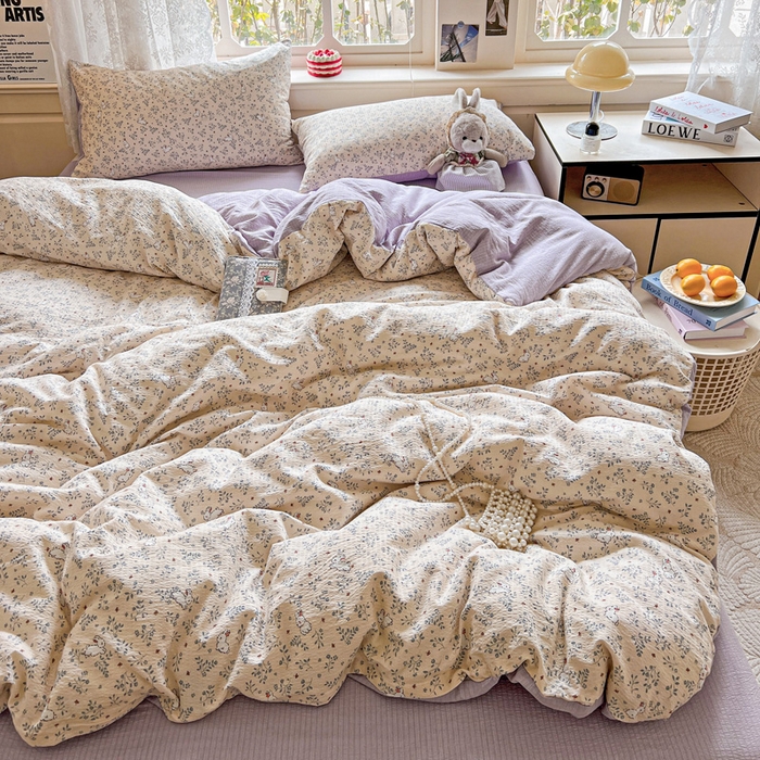 91家纺网 家纺一手货源 找家纺 典曼家纺 2025新款云感皱皱双层纱四件套-简单款 花园兔