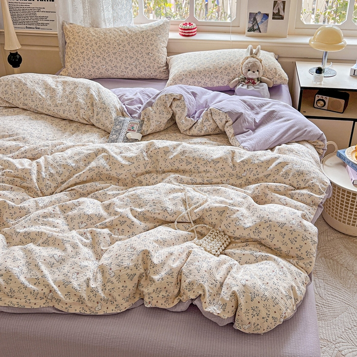 91家纺网 家纺一手货源 找家纺 典曼家纺 2025新款云感皱皱双层纱四件套-简单款 花园兔