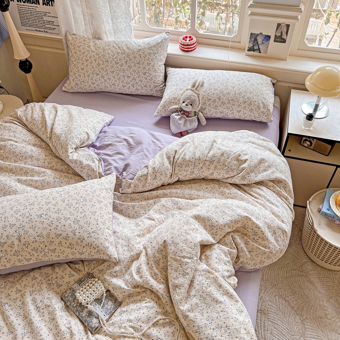 91家纺网 家纺一手货源 找家纺 典曼家纺 2025新款云感皱皱双层纱四件套-简单款 花园兔