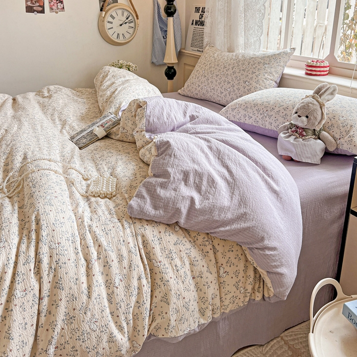 91家纺网 家纺一手货源 找家纺 典曼家纺 2025新款云感皱皱双层纱四件套-简单款 花园兔