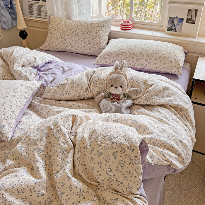 91家纺网 家纺一手货源 找家纺 典曼家纺 2025新款云感皱皱双层纱四件套-简单款 花园兔