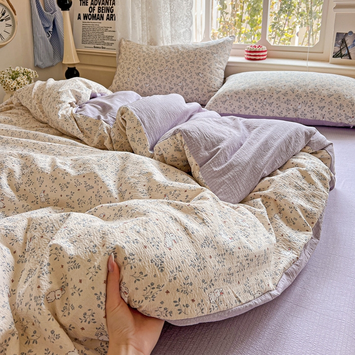 91家纺网 家纺一手货源 找家纺 典曼家纺 2025新款云感皱皱双层纱四件套-简单款 花园兔