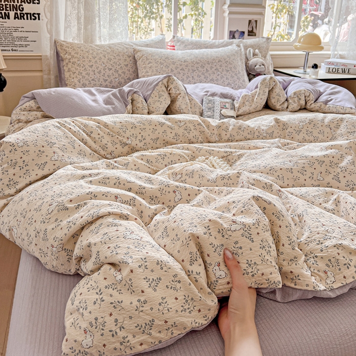 91家纺网 家纺一手货源 找家纺 典曼家纺 2025新款云感皱皱双层纱四件套-简单款 花园兔