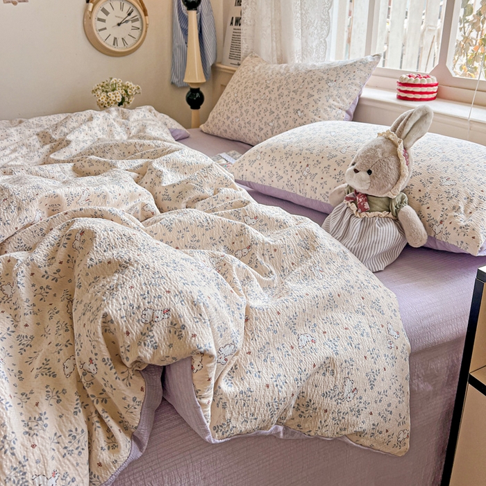 91家纺网 家纺一手货源 找家纺 典曼家纺 2025新款云感皱皱双层纱四件套-简单款 花园兔