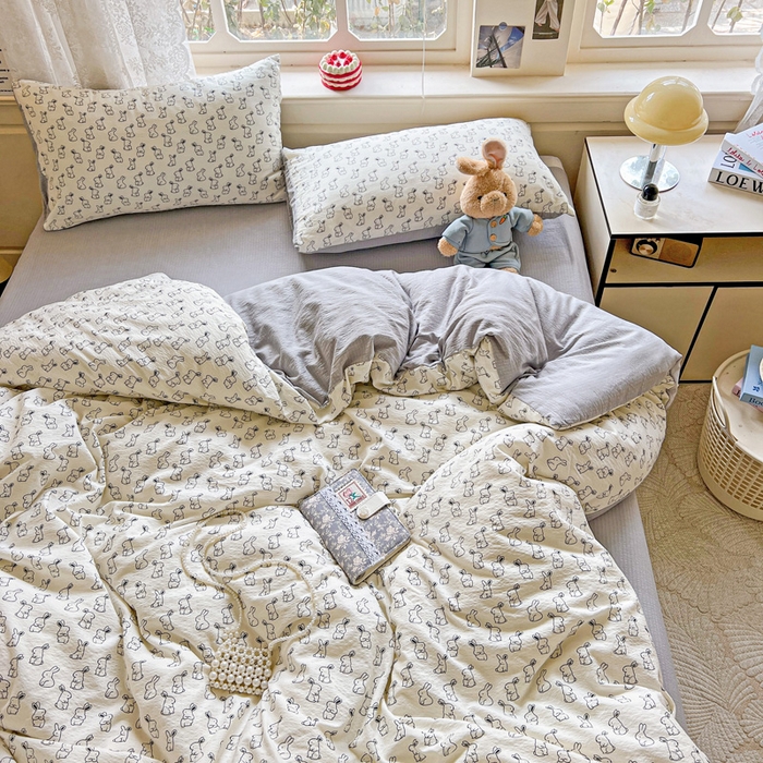 91家纺网 家纺一手货源 找家纺 典曼家纺 2025新款云感皱皱双层纱四件套-简单款 小黑兔