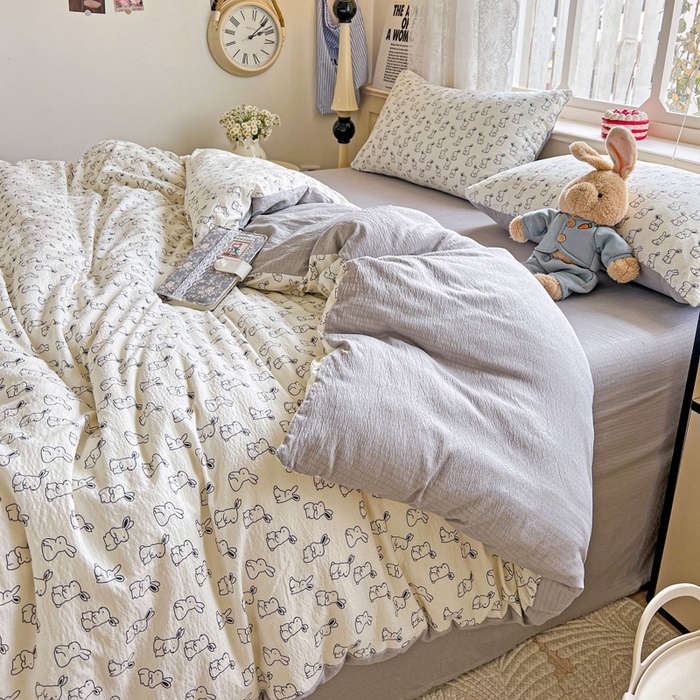 91家纺网 家纺一手货源 找家纺 典曼家纺 2025新款云感皱皱双层纱四件套-简单款 小黑兔