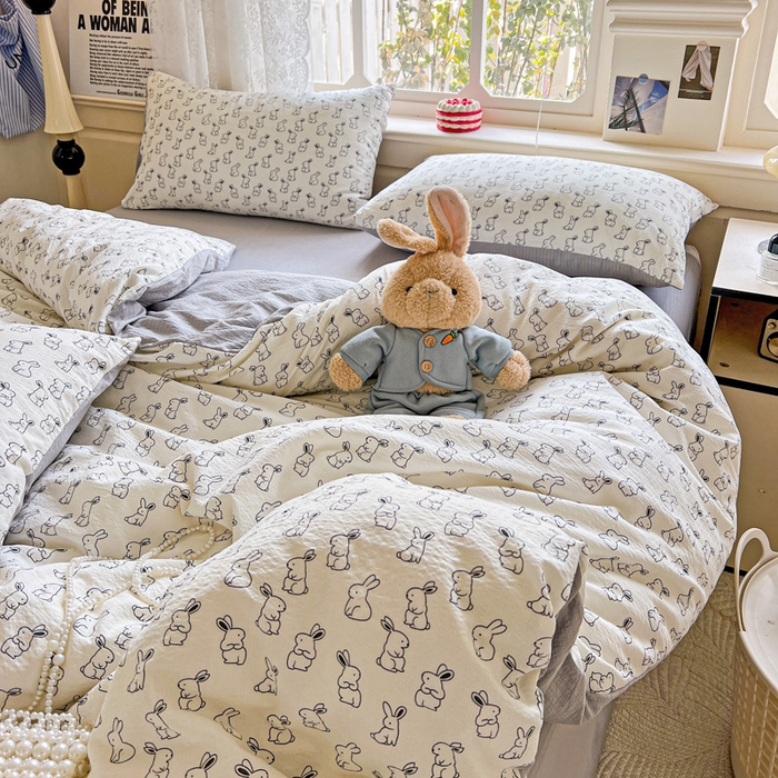 91家纺网 家纺一手货源 找家纺 典曼家纺 2025新款云感皱皱双层纱四件套-简单款 小黑兔