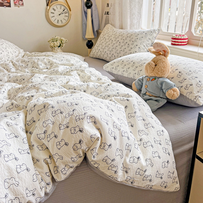 91家纺网 家纺一手货源 找家纺 典曼家纺 2025新款云感皱皱双层纱四件套-简单款 小黑兔