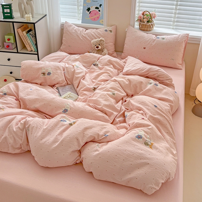 91家纺网 家纺一手货源 找家纺 典曼家纺 2025新款云感皱皱双层纱四件套-简单款 波点小兔粉